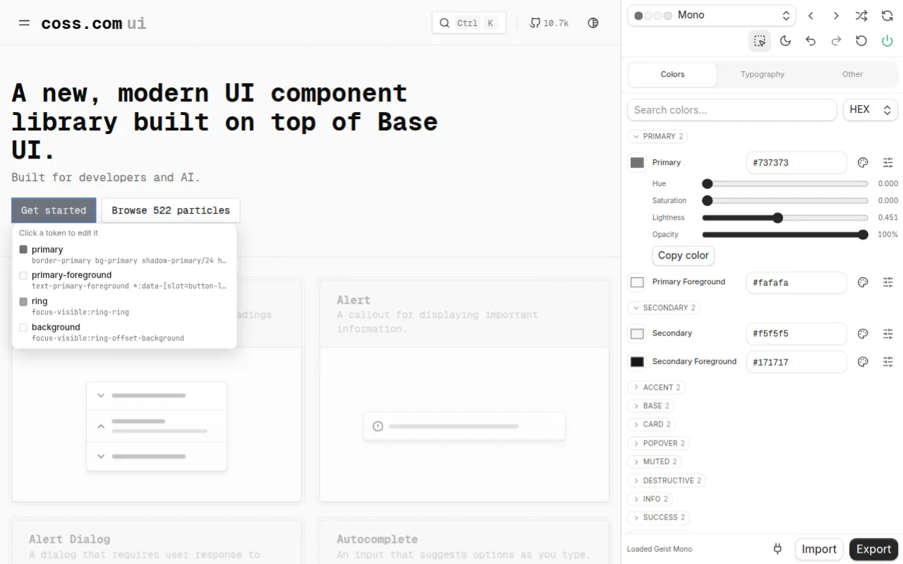 coss.com/ui themed with the Mono preset; the inspector shows the tokens of the Get started button, and the Cossplay side panel has Primary's channel sliders open